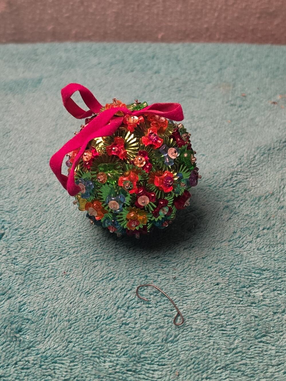 Vtg Handmade Push Pin Sequin Beaded Christmas Ornament Floral Pink Velvet Bow